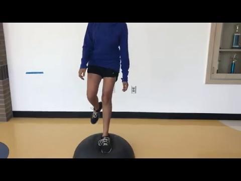 Bosu Step Ups This exercise targets the Gastrocnemius, Gluteus, quadriceps, and the core.