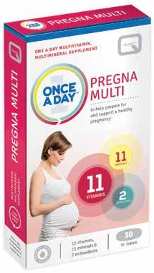 A range of essential everyday supplements PREGNA MULTI All in one pregnancy formula containing 24 nutrients, including folic acid, iron and calcium.