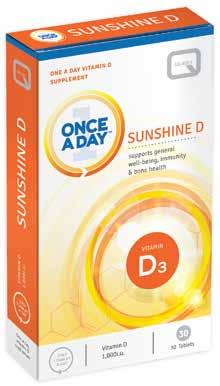 SUNSHINE D Supports immunity, bones, muscle and teeth. Vitamin D supplement to support bone and immune health. Provides 1000iu of vitamin D per tablet.