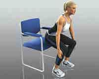 touch as you lower. Slowly sit back leading with your hips and buttocks while bending knees as if attempting to sit in the chair. Do not sit down and rest between repetitions.