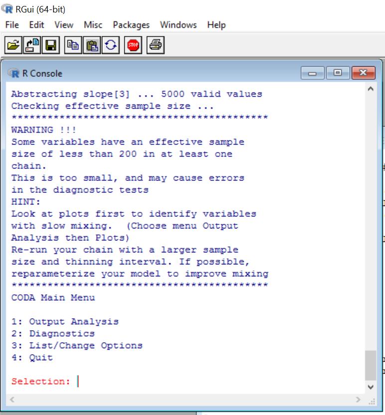Figure 3.2: Warning message after loading the CODA files produced by WinBUGS.