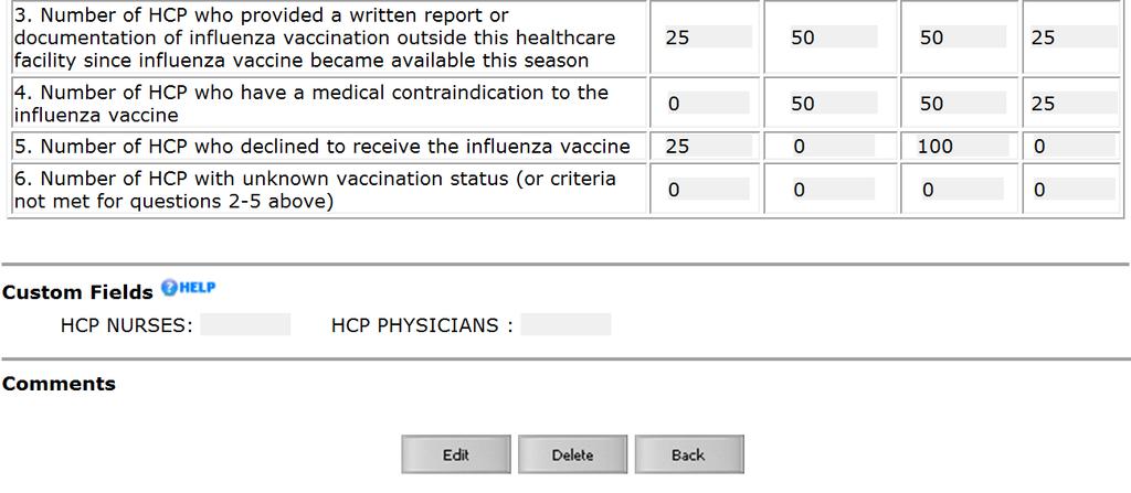 HCP Influenza Vaccination Summary Data Entry Screen: Custom Fields A message will appear at the top of the screen