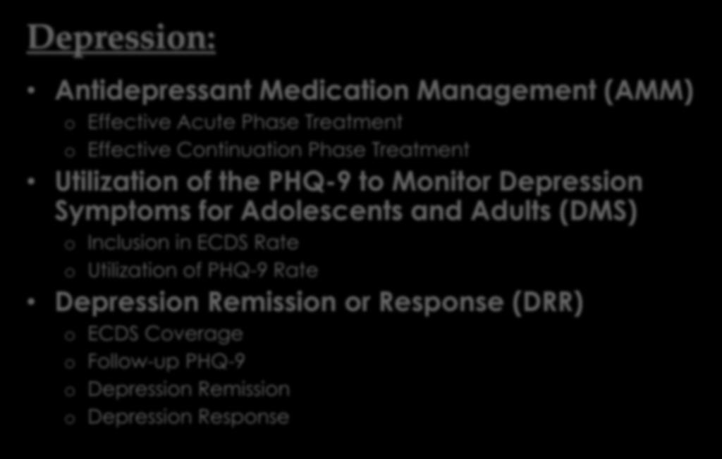 CDQIP Results: HEDIS 2017 Data Depression: Antidepressant Medication Management (AMM) o Effective Acute Phase Treatment o Effective Continuation Phase Treatment Utilization of the PHQ-9 to Monitor