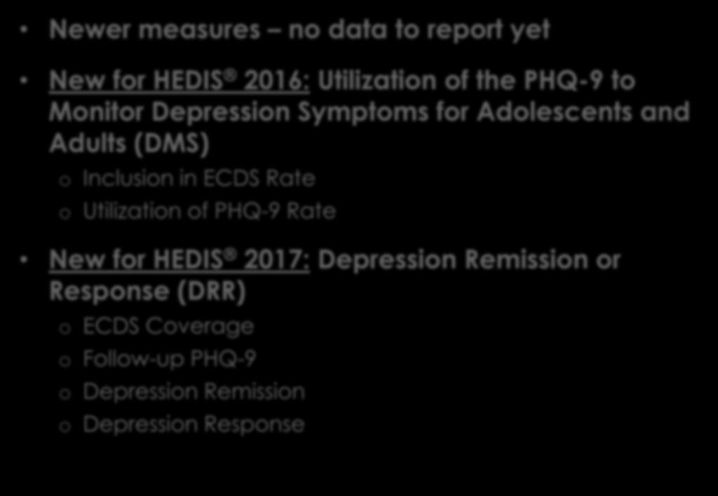 Newer Depression-related Measures Newer measures no data to report yet New for HEDIS 2016: Utilization of the PHQ-9 to Monitor Depression Symptoms for Adolescents and Adults (DMS) o