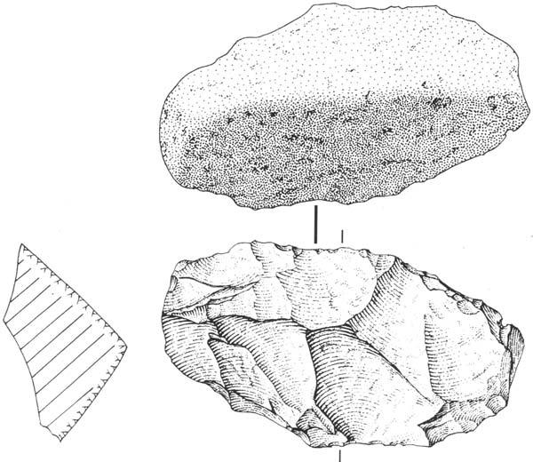 Joonis 5.11. Fonoliidist nukleus (10,1 cm pikk) Lokalalei 2C leiukohast (Keenia, 2,34 mat), kus on näha kildude süstemaatilist eemaldamist kivi ühelt pinnalt.