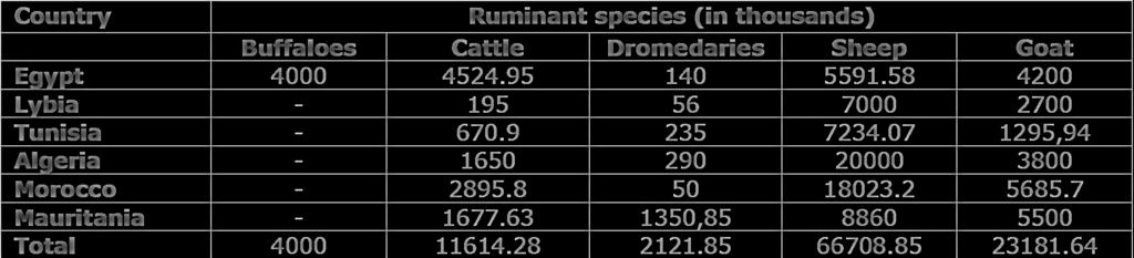 Country Ruminant species (in thousands) Buffaloes Cattle Dromedaries Sheep Goat Egypt 4000 4524.95 140 5591.58 4200 Lybia - 195 56 7000 2700 Tunisia - 670.