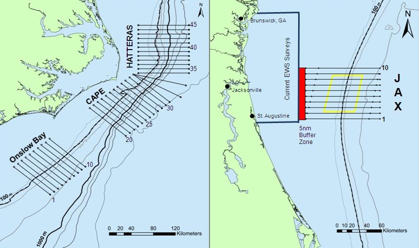 Figure 2. Cape Hatteras, Onslow Bay, and Jacksonville survey areas and established tracklines used for longitudinal baseline monitoring.