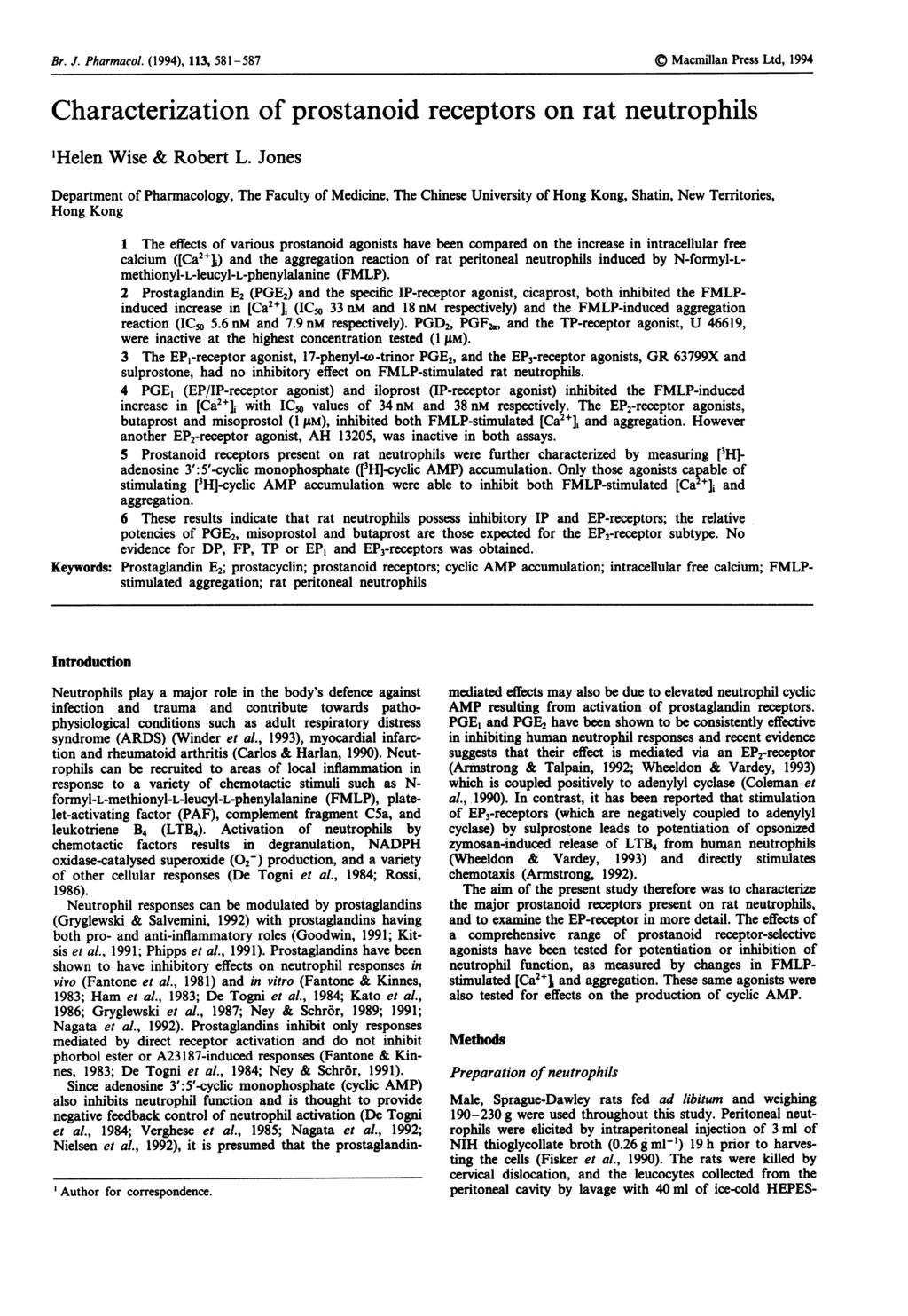 Br. J. Pharmaol. (1994), 113, 581-587 Preparation of neutrophils Male, Sprague-Dawley rats fed ad libitum and weighing 19-23 g were used throughout this study.