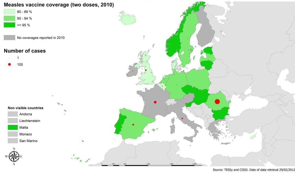 Figure 2. Distribution of measles cases reported to TESSy by EU and EEA countries for January 2012 (n=584) and two-dose measles vaccine coverage* (2010 CISID) Figure 3.