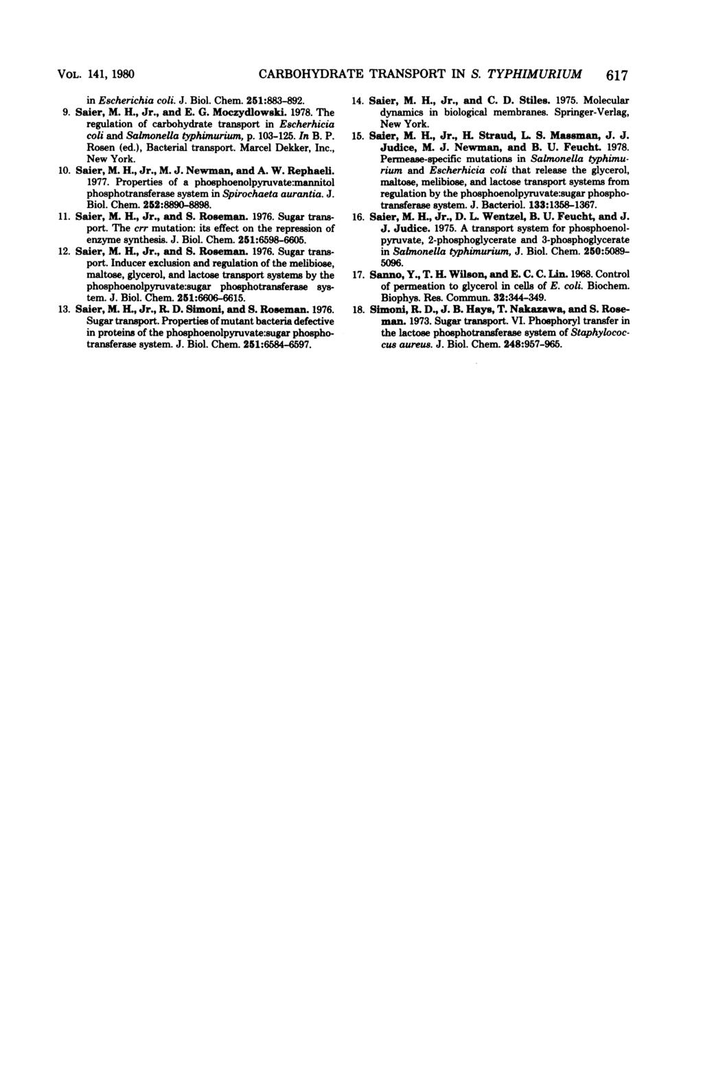 VOL. 141, 1980 CARBOHYDRATE TRANSPORT IN S. TYPHIMURIUM 617 in Escherichia coli. J. Biol. Chem. 251:883-892. 9. Saier, M. H., Jr., and E. G. Moczydlowski. 1978.