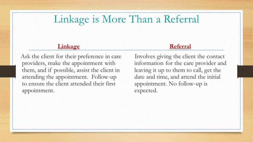 A referral is a passive act of giving a client a phone number and leaving it up to them.