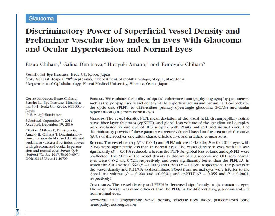 In summary, the PLFI/UA (prelaminar flow index of the optic disc unit area PLFI/UA), and VD (peripapillary vessel density of the superficial retina) decreased in glaucomatous eyes.
