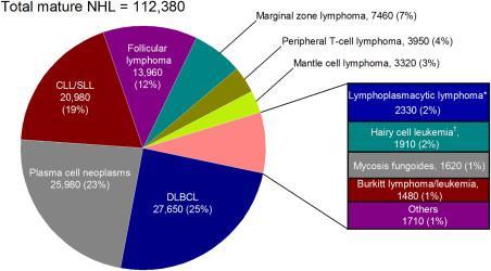 Estimated Cases and Distribution of Mature Lymphoid Neoplasm Subtypes United States, 2016 70% of all mature lymphoid neoplasms are CD19+ 45% are