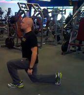 Alternating Lunge Stand with your feet shoulder-width apart. Hold dumbbells in each hand if needed. Step forward with your right leg, taking a slightly larger than normal step.