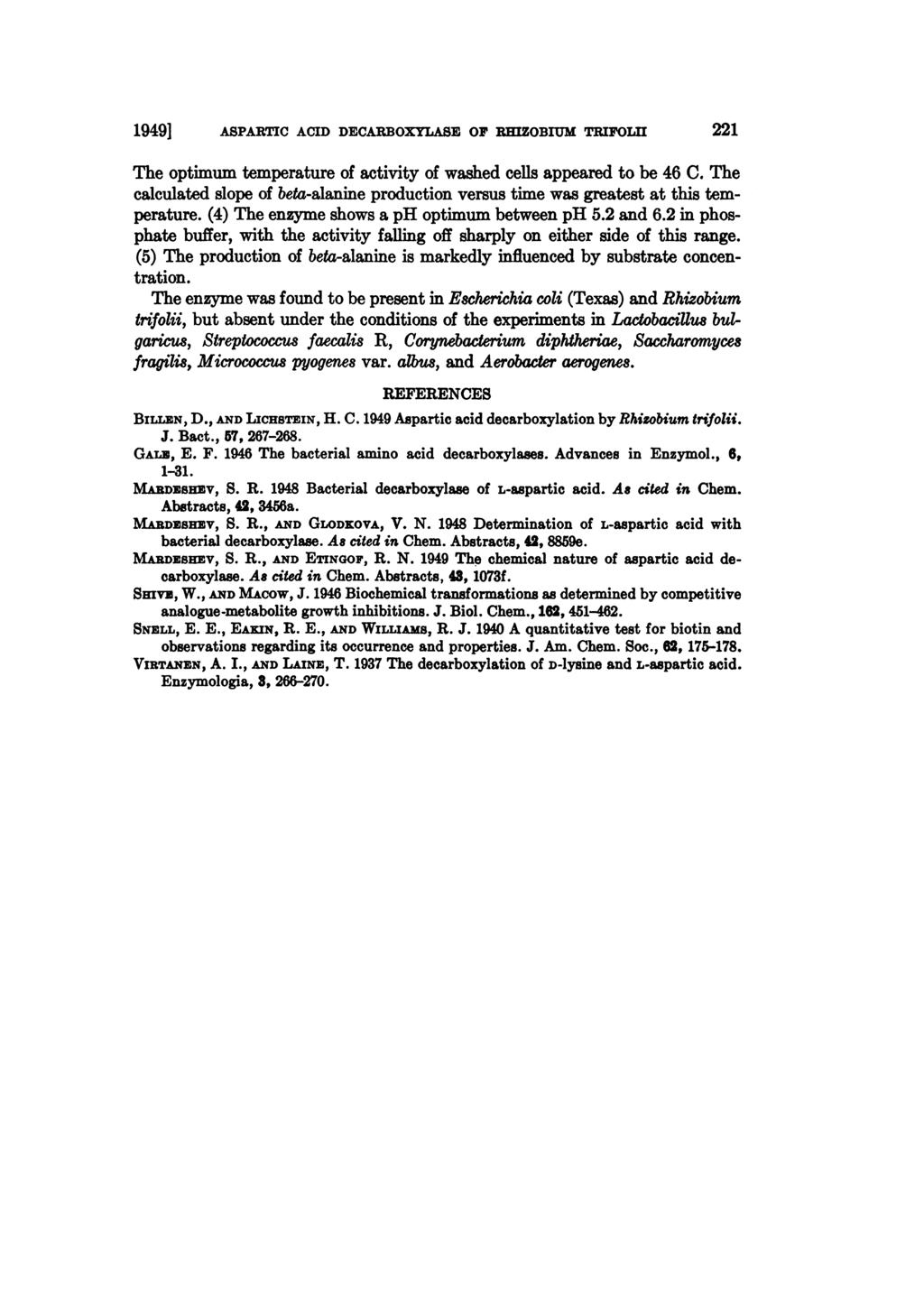 1949] ASPARTIC ACID DECARBOXYLABE OF REIZOBIUM TRIOLII 221 The optimum temperature of activity of washed cells appeared to be 46 C.