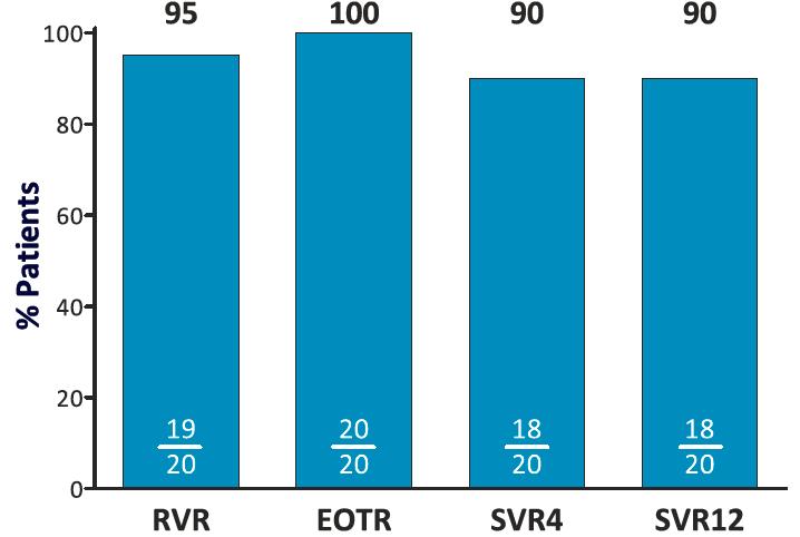 RUBY-I: OMB/PTV/RTV + DSV for Treating HCV G1 Infection in Patients With Severe Renal Impairment or End-stage Renal Disease ITT Virologic Response, N=20 Hb change with OMB/PTV/RTV + DSV ± RBV 200
