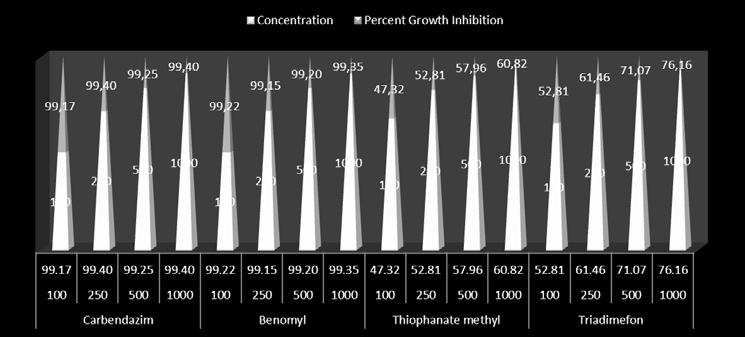 P.B. SANDIPAN, B.P. SOLANKI, NITAL N. PATEL, R.L. PATEL, P.D. VERMA, H.R. DESAI Figure 1 - Showing Percent growth inhibition of Fusarium sp.