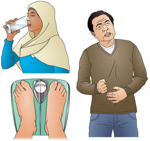 Common signs and symptoms of diabetes include: Thirst. Frequent urination. Hunger. Weight loss. Feeling tired. Changes in vision. Dehydration. Stomach ache.