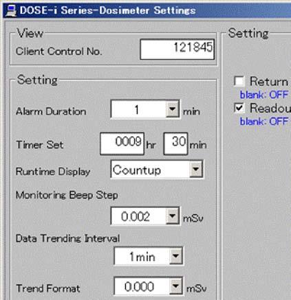4.5 Dosimeter Settings Fig. 4-2 Dosimeter Settings Screen -- Display the operational parameters which are read out from the dosimeter.