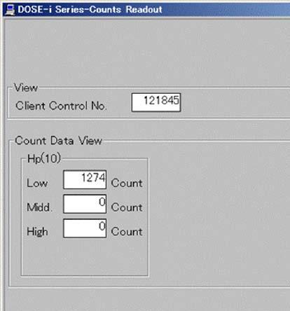 4.13 Counts Readout Fig. 4-10 Counts Readout Screen -- Display the count values which are read out from the dosimeter. <View> Name Definition, range and unit of the functions Client Control No.