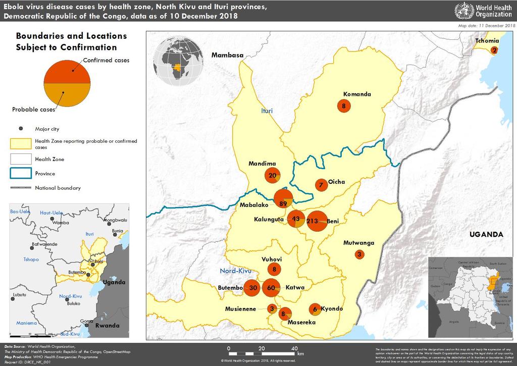 Figure 2: Geographical distribution of confirmed and probable Ebola virus disease cases in North Kivu and Ituri provinces, Democratic Republic of the Congo, 10 December 2018 (n=500) Context North