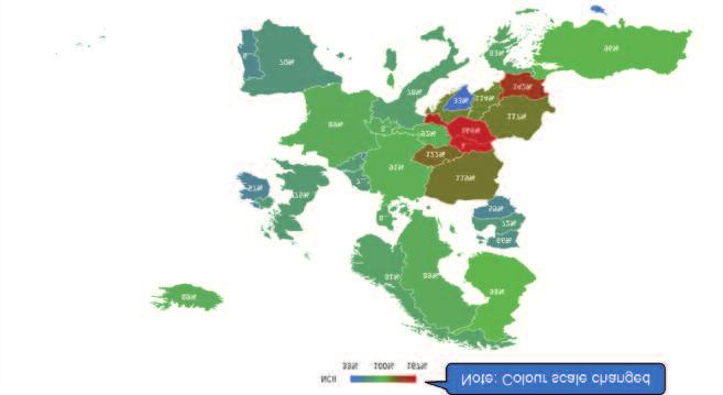 Figure 11: Normalised Collaboration Intensity Index for Japan focused on Europe Japan s collaboration with countries in Europe tends to be a bit more intensive with the eastern parts (Figure 11).