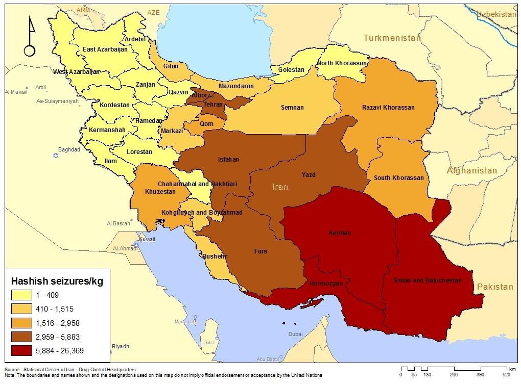 Map of hashish seizures in the I.R. of Iran, 2015 Joint/simultaneous and Maritime Operations 2013 2014 2015 2016 Jan.-July 2017 I.R. of Iran - I.R. of Pakistan 2 6 5 4 2 Total seized drugs (kg) 3,639.
