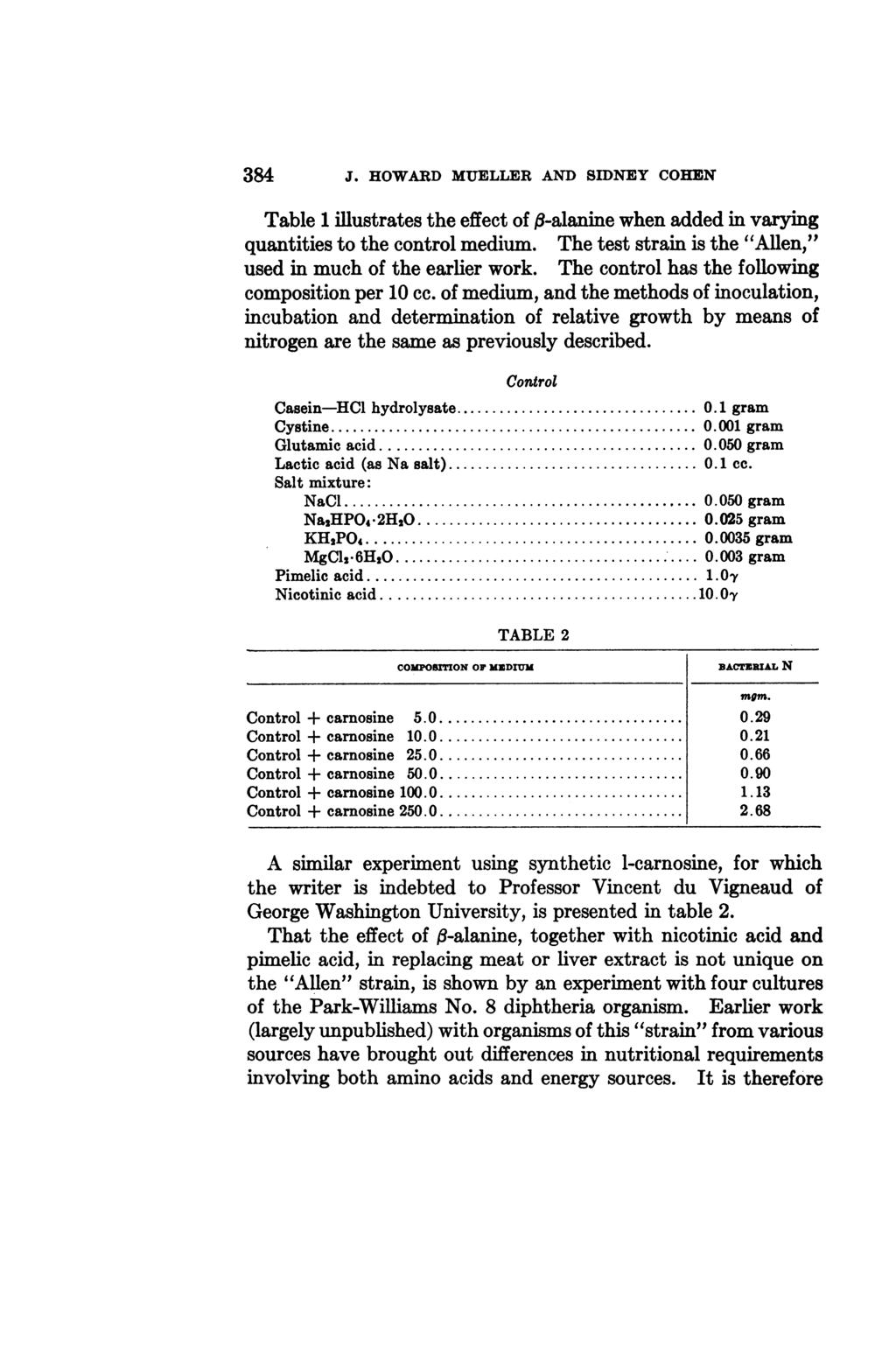 384 J. HOWARD MUELLER AND SIDNEY COHEN Table 1 illustrates the effect of jb-alanine when added in varying quantities to the control medium.