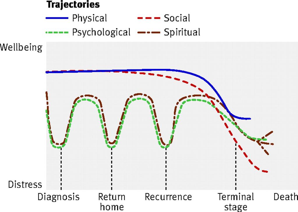 Fig 2 Fluctuations of spiritual wellbeing mapped with other trajectories of physical, social, and psychological wellbeing