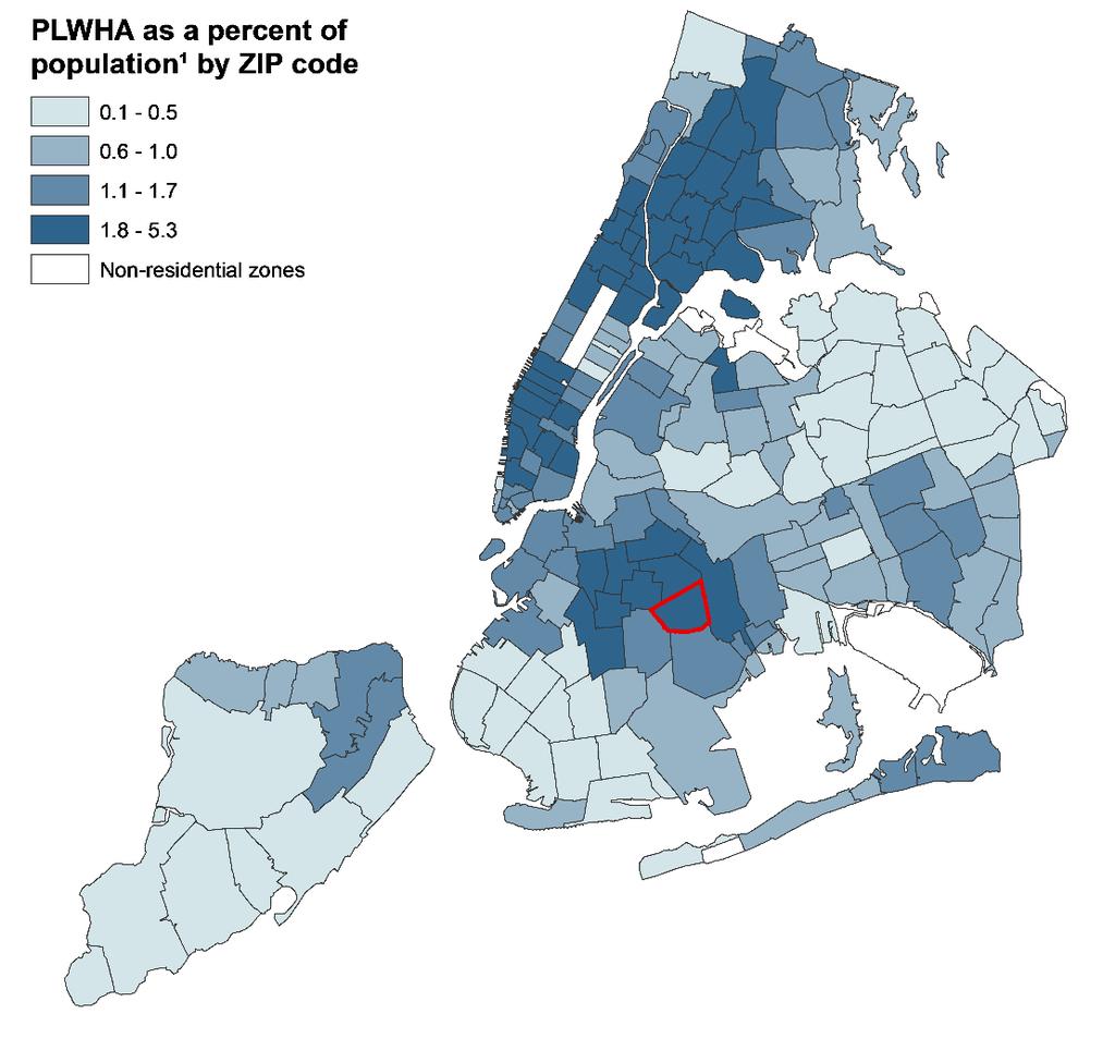 NYC ed2c location by HIV Prevalence, NYC 2016 HIV Epidemiology and Field Services Program. HIV Surveillance Annual Report, 2015. New York City Department of Health and Mental Hygiene: New York, NY.