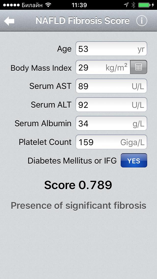 NAFLD FIBROSIS SCORE NAFLD Fibrosis Score= -1.675 + 0.037 x Age (years) + 0.094 x BMI (kg/m2) + 1.13 x IFG/diabetes (yes = 1, no = 0) + 0.99 x AST/ALT ratio - 0.