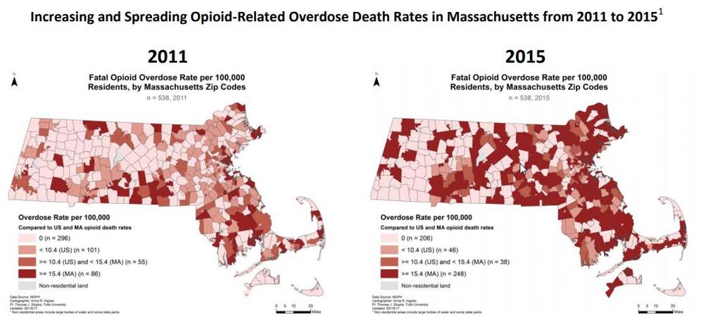 Geographic Distribution of Opioid Related Death Rates, 2011 & 2015, Massachusetts Source: Data Brief: An Assessment of