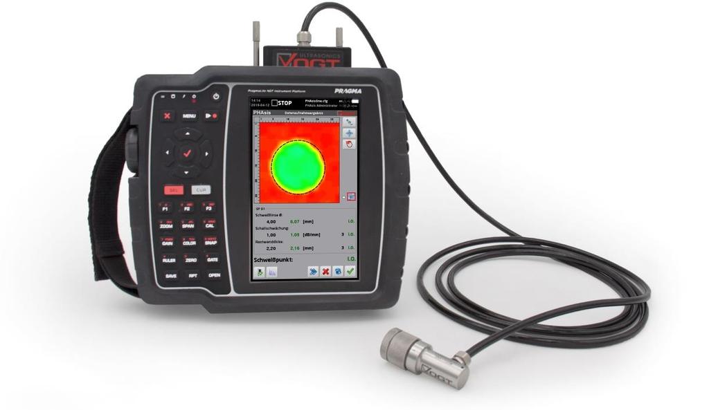 The device operated with 121 ultrasonic elements in an 11x11 matrix. Using the Phased Array technology more than 700 measuring points are recorded per spot weld.