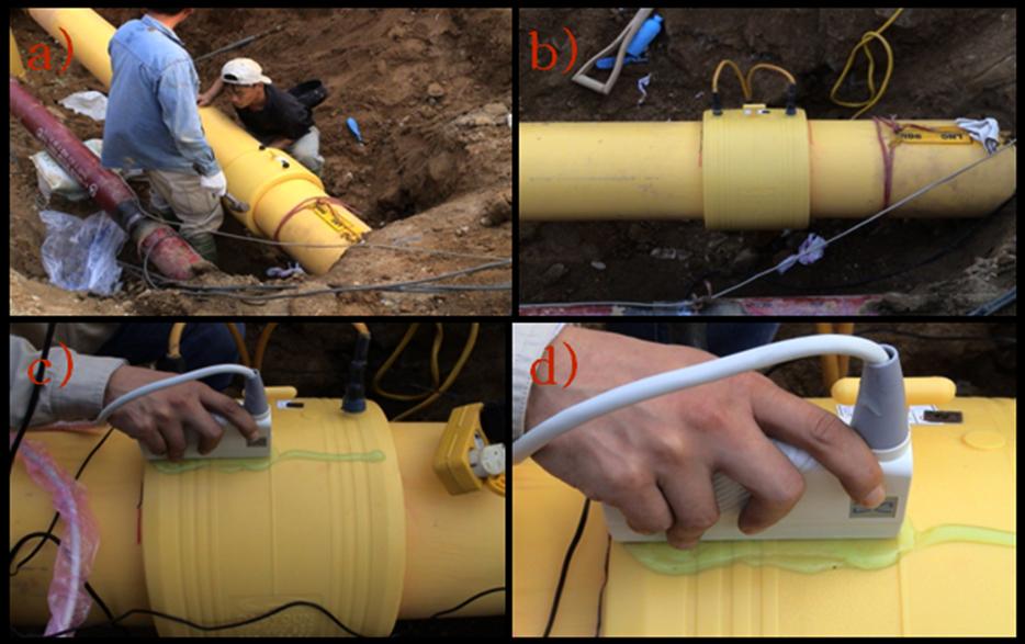 Fig. 2 Inspection direction with the sensor by the ultrasonic phased array technique Fig. 3. (a) Insert pipe into coupler before electrofusion (b) during electrofusion joining (c) NDT with 3.