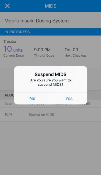 Tap on the MIDS module on the Home screen of your Glooko app to Contact your Provider, view Adjustment History, Suspend MIDS or receive instructions on how to Resume MIDS.