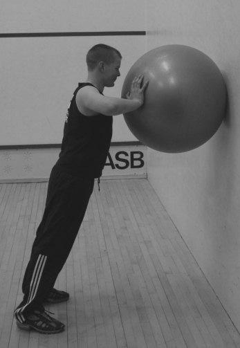Wall Press Press away from ball at chest height Maintain trunk position. Wall Press Aim: Trunk and shoulder stabilisation Technique: Stand with ball against wall at mid chest height.
