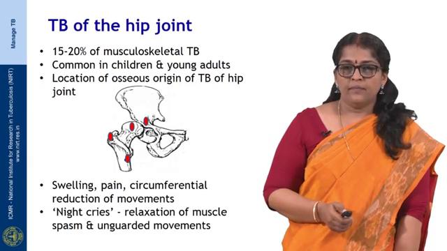 (Refer Slide Time: 02:03) See TB of the hip joint. This accounts for 15 to 20 percent of the musculoskeletal TB; though it can affect any age group it is more common in children and young adults.
