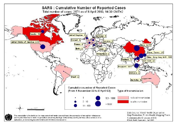21st Century - SARS Figure: Spread from one case in China in November 2002 to several
