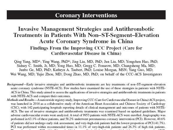 to improve management of atrial fibrillation Invasive management strategies and antithrombotic treatments in patients with non-st-segment-elevation acute coronary syndrome in China Am Heart J Circ