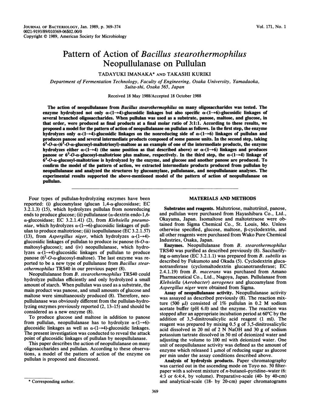 JOURNAL OF BACTERIOLOGY, Jan. 1989, p. 369-374 21-9193/89/1369-6$2./ Copyright 1989, American Society for Microbiology Vol. 171, No.