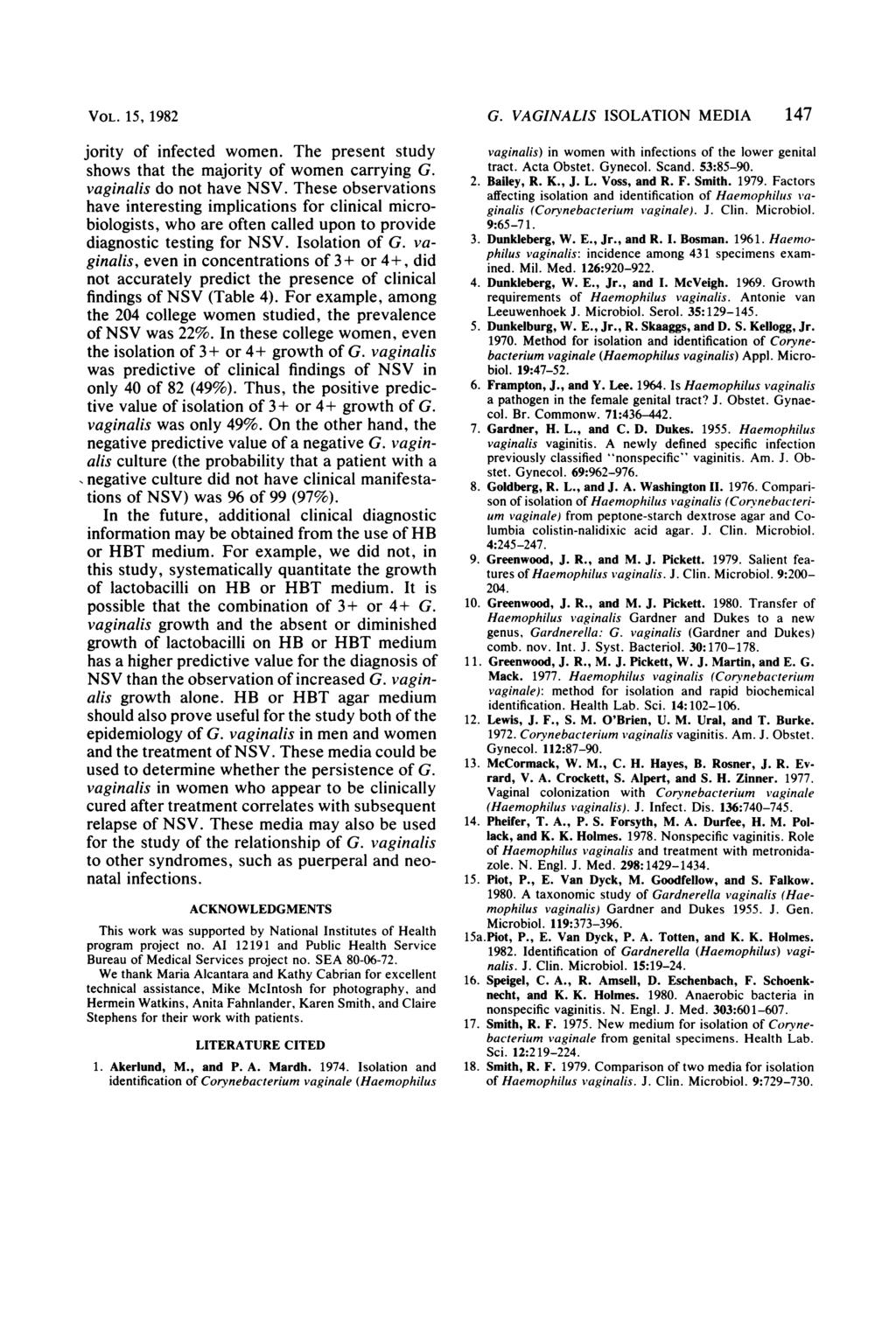 VOL. 15, 1982 jority of infected women. The present study shows that the majority of women carrying G. vaginalis do not have NSV.