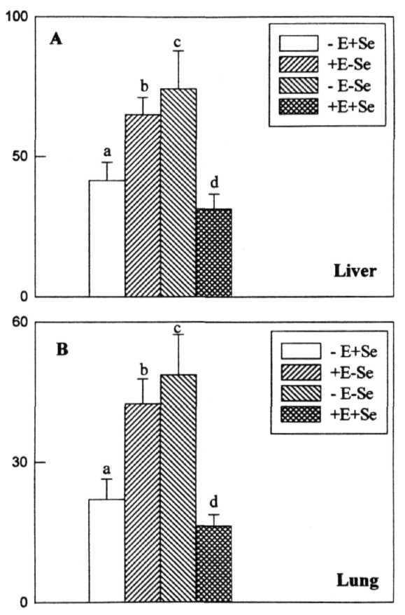 Fig. 18: Lipid Peroxidation in liver and lung tissues of rats fed on vit.