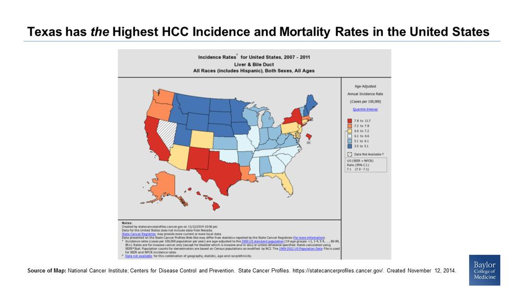 Texas has the highest HCC incidence and mortality rates in the United States. This map shows the incidence rates for [the] United States from 2007 to 2011.