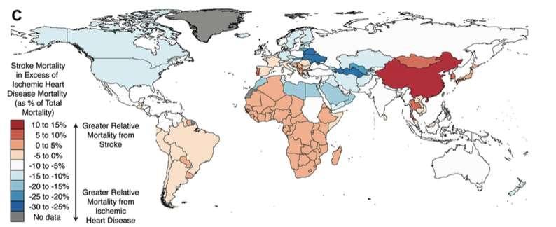 Geographic distribution of relative mortality from stroke and ischemic heart disease Mortality from stroke relative to ischemic