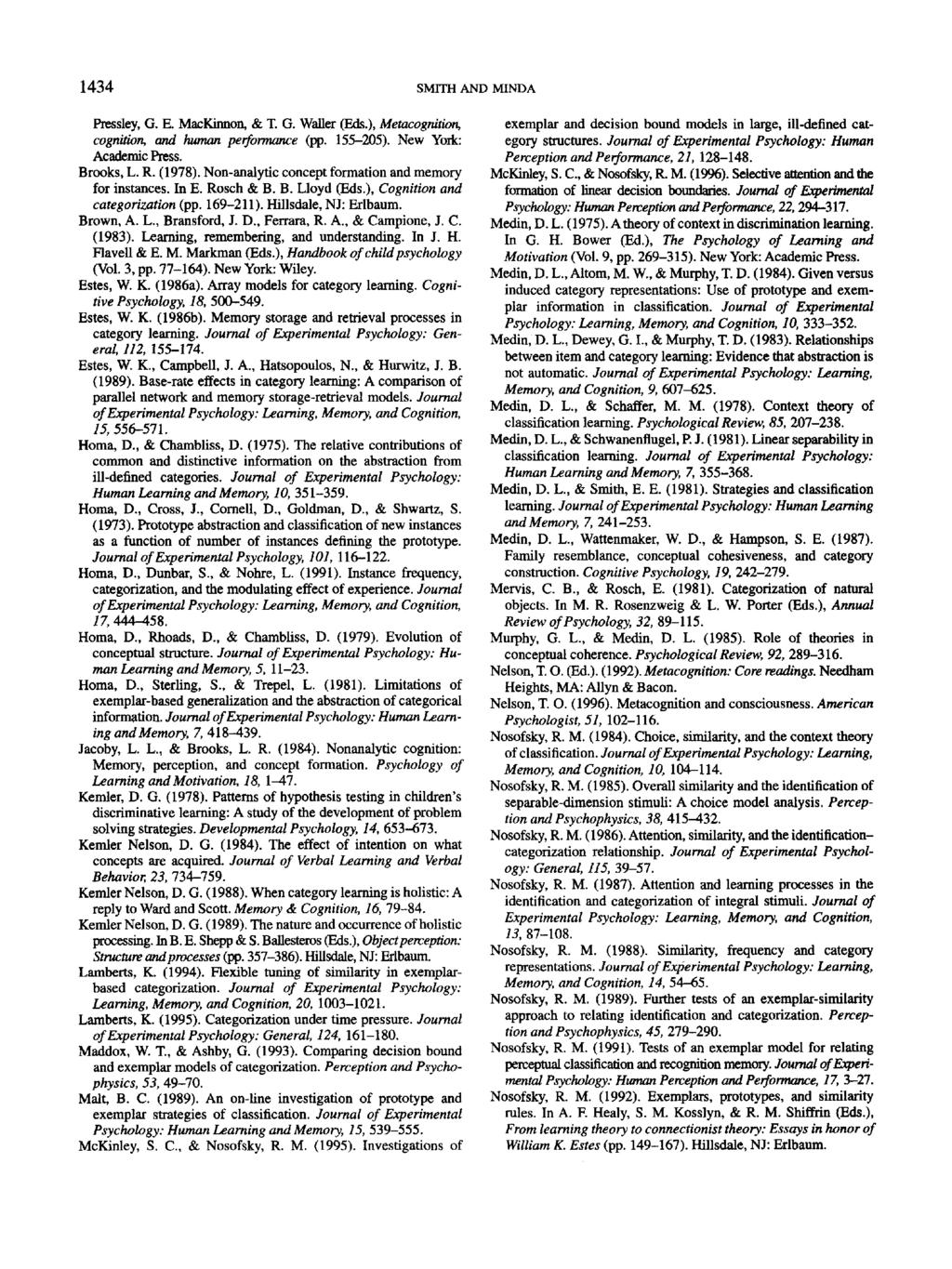 1434 SMITH AND MINDA Pressley, G. E. MacKnnon, & T. G. Waller (Eds.), Metacognton, cognton, and human performance (pp. 155-205). New York: Academc Press. Brooks, L. R. (1978).