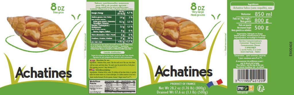 Product Specification Product Name: French Escargots Achatine Product Details Legal Product Name: Escargots Achatine Brand Name: Sabarot Marketing Description: Escargots Achatine Countries of Origin:
