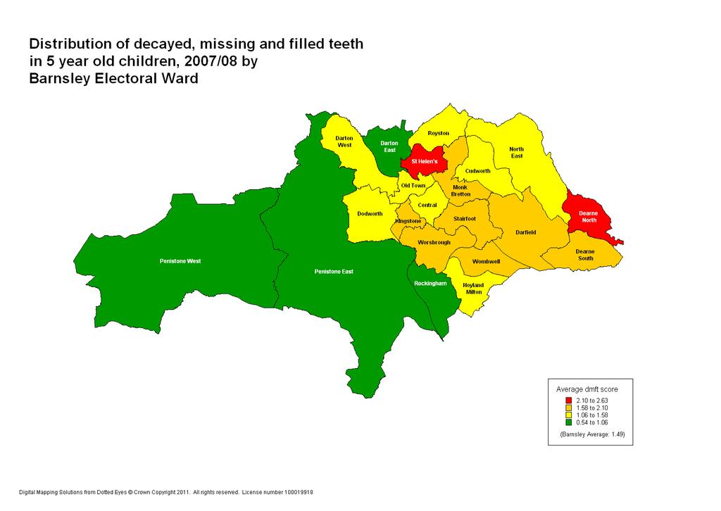 5 year olds DMFT by Ward 2007/8 survey 9 areas of Barnsley where DMFT (decay, missing, filled teeth) in 5 year old children is above