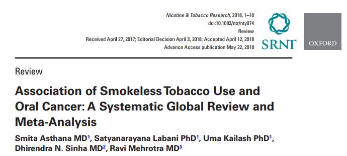 Product: Relative risk vs non user Gutkha 8.67 (95% CI = 3.59 to 20.93) Pan tobacco/betel liquid 7.18 (95% CI = 5.48 to 9.