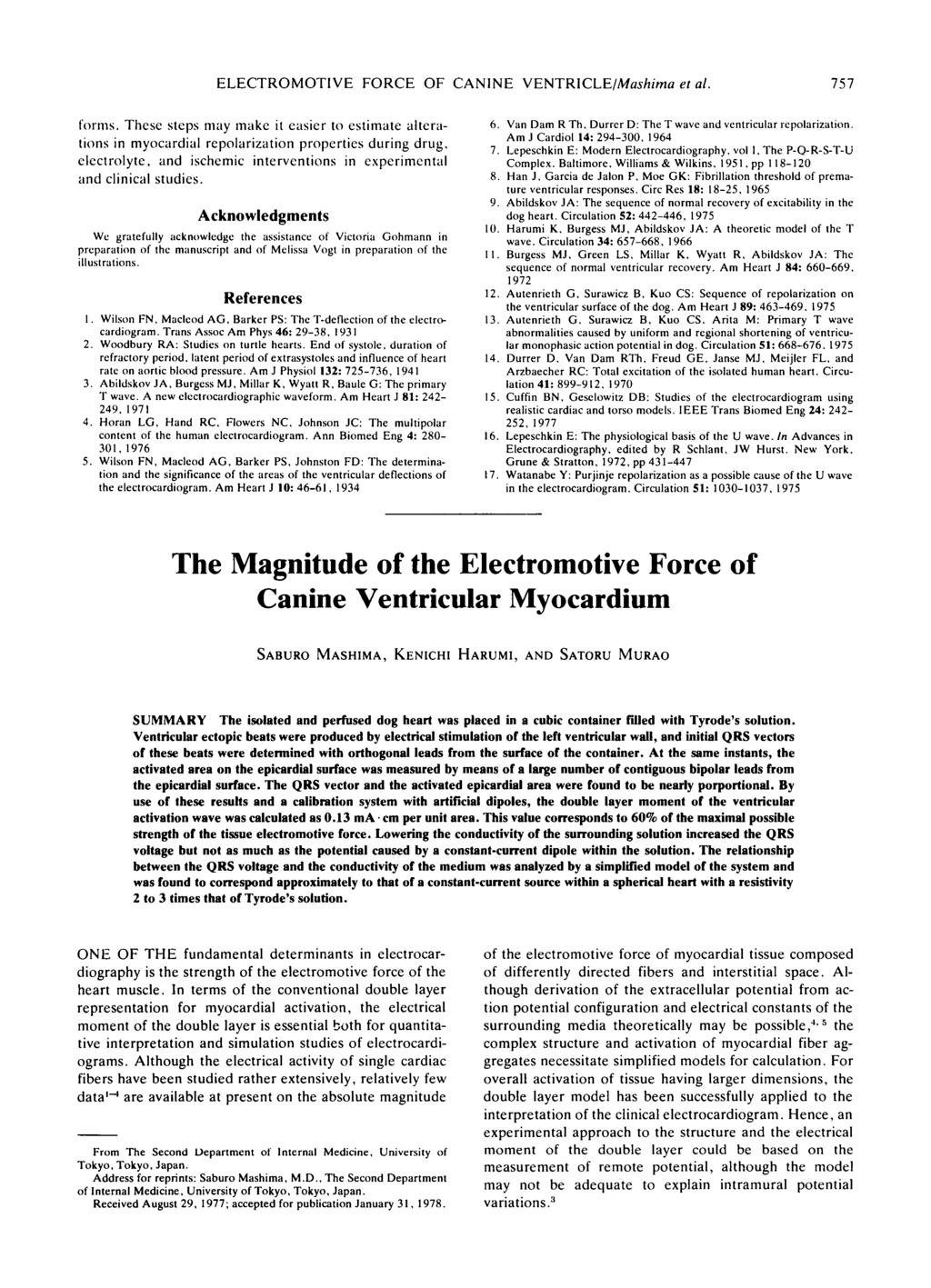 ELECTROMOTIVE FORCE OF CANINE VENTRICLE/Mashima et al. 757 forms.