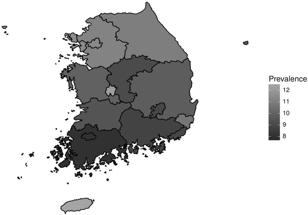Yeon Won Park, et al: Obesity in Korean Men 133 Fig. 5. Geographic distribution of the prevalence of obesity requiring pharmacotherapy. Values are presented as percent. Fig. 3.